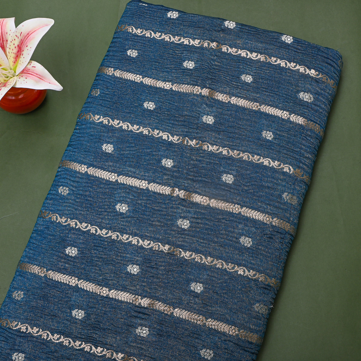 Cerulean Blue Dual Tone Stripe Butti Jamawar Tissue Fabric
