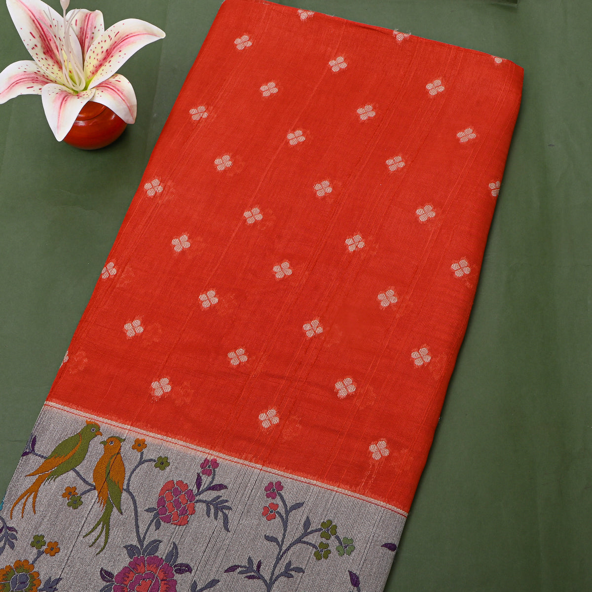 Burnt Orange Floral Butti Bird Border Banarasi Silk Fabric