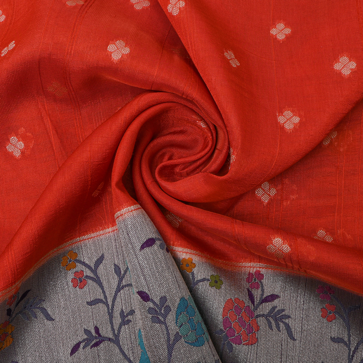 Burnt Orange Floral Butti Bird Border Banarasi Silk Fabric