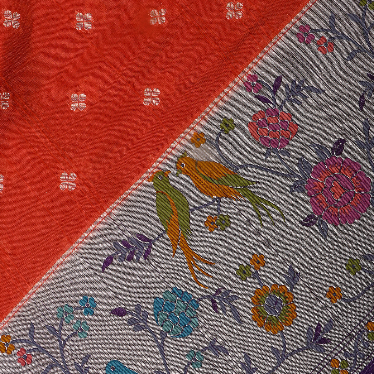 Burnt Orange Floral Butti Bird Border Banarasi Silk Fabric