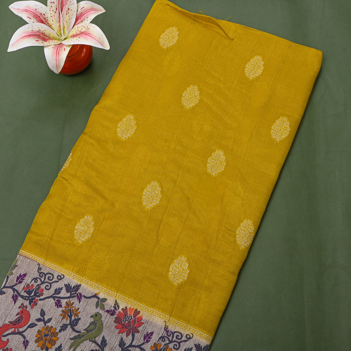 Mustard Yellow Floral Butti Bird Border Banarasi Silk Fabric
