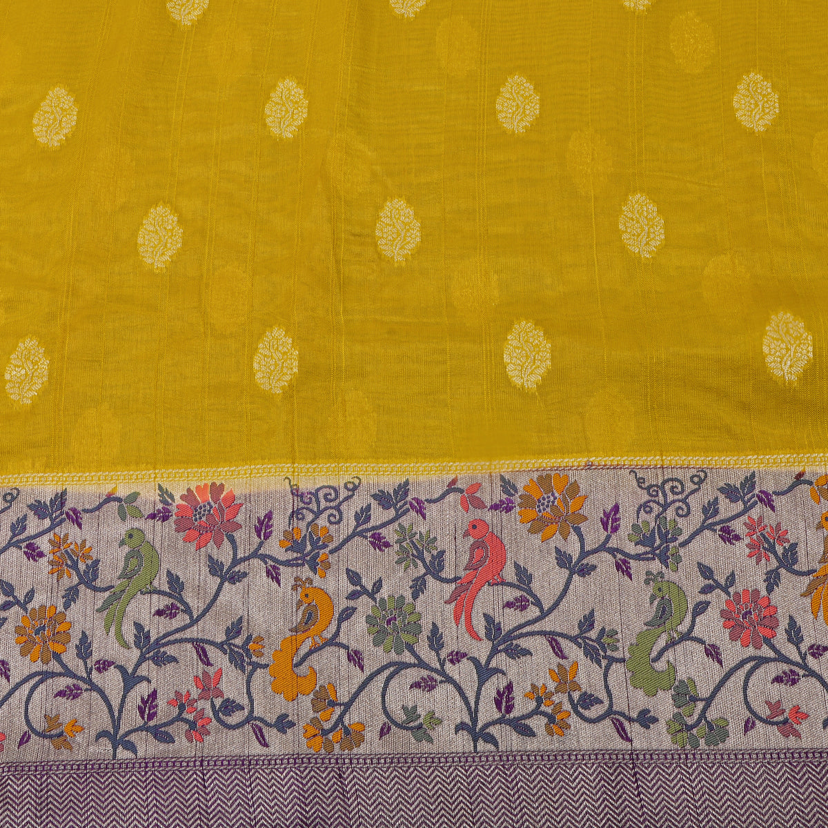 Mustard Yellow Floral Butti Bird Border Banarasi Silk Fabric