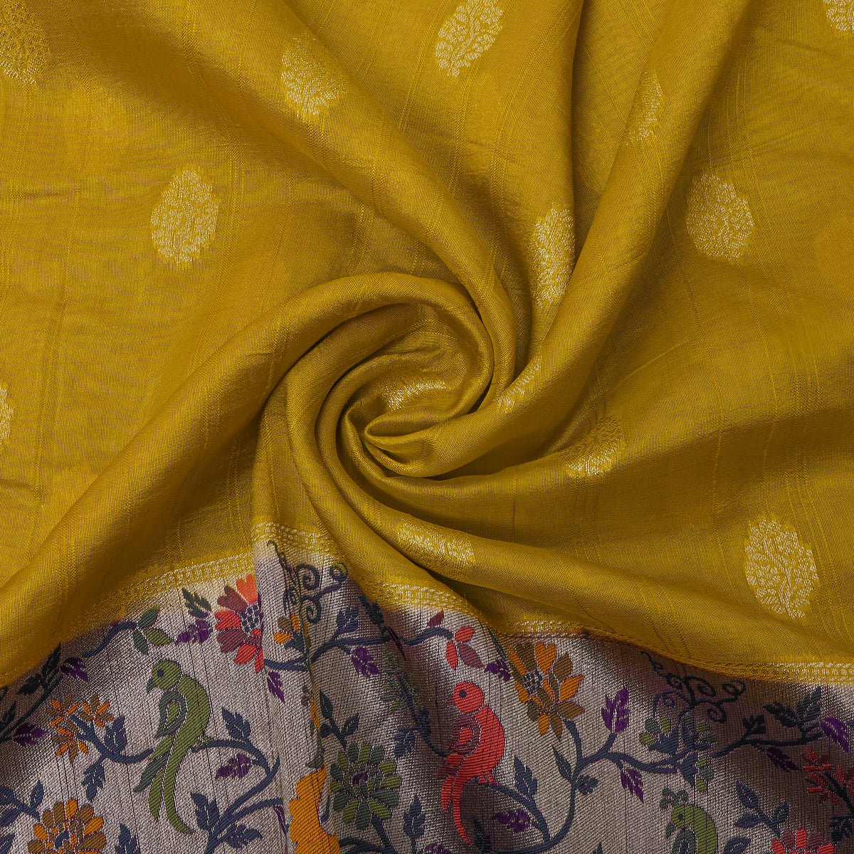 Mustard Yellow Floral Butti Bird Border Banarasi Silk Fabric