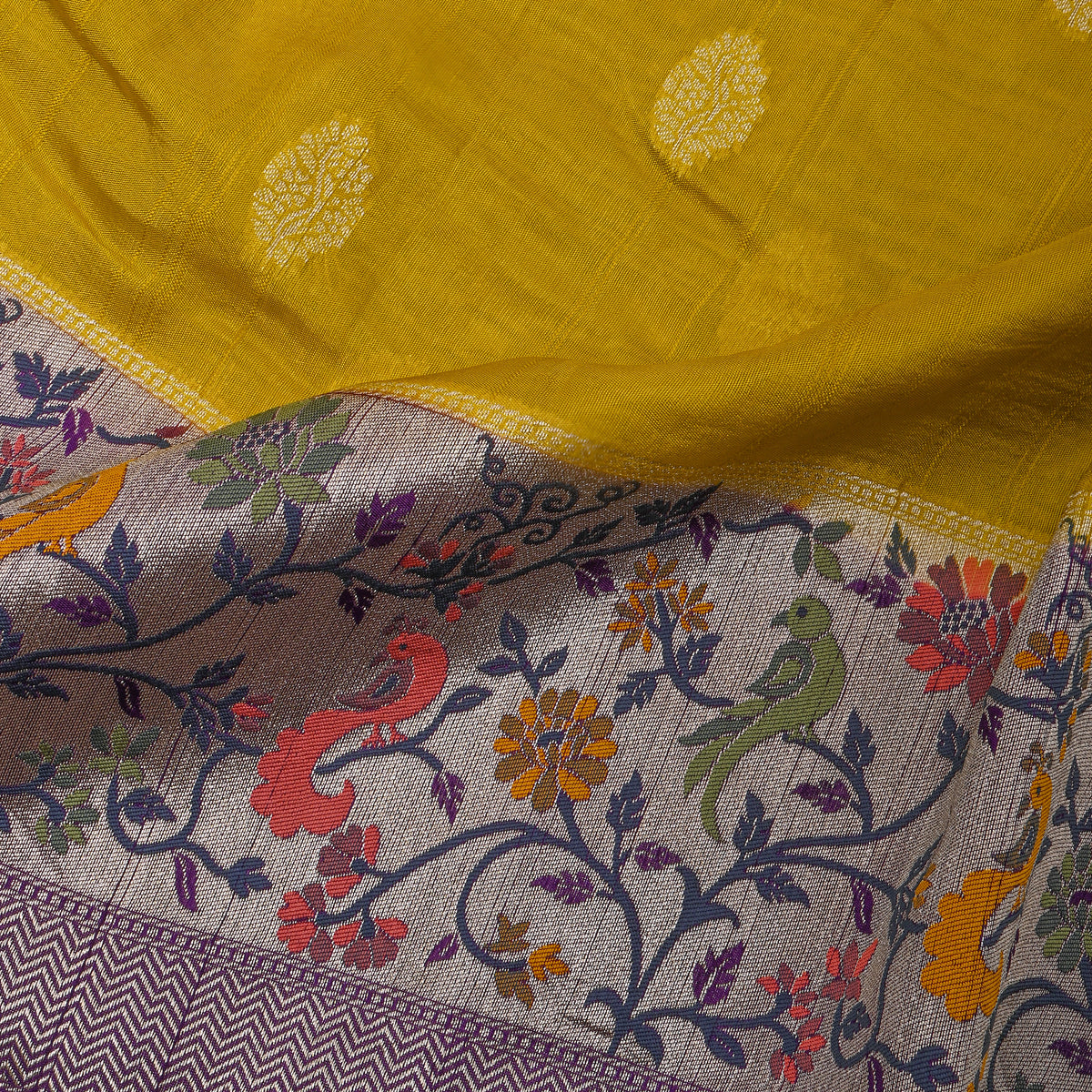 Mustard Yellow Floral Butti Bird Border Banarasi Silk Fabric