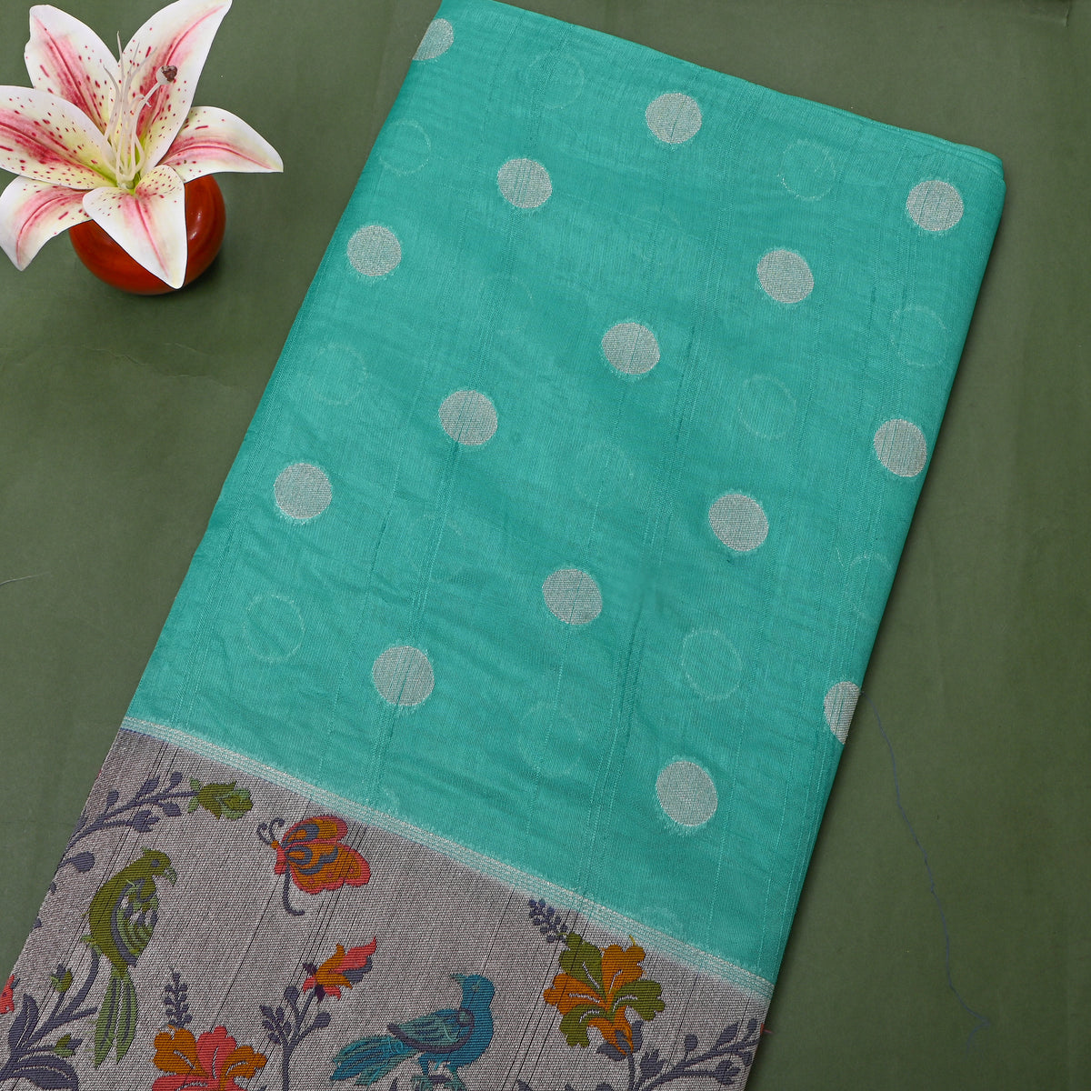 Teal Silver Zai Butti Jamawar Silk Fabric