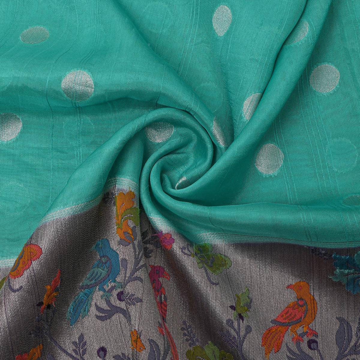 Teal Silver Zai Butti Jamawar Silk Fabric