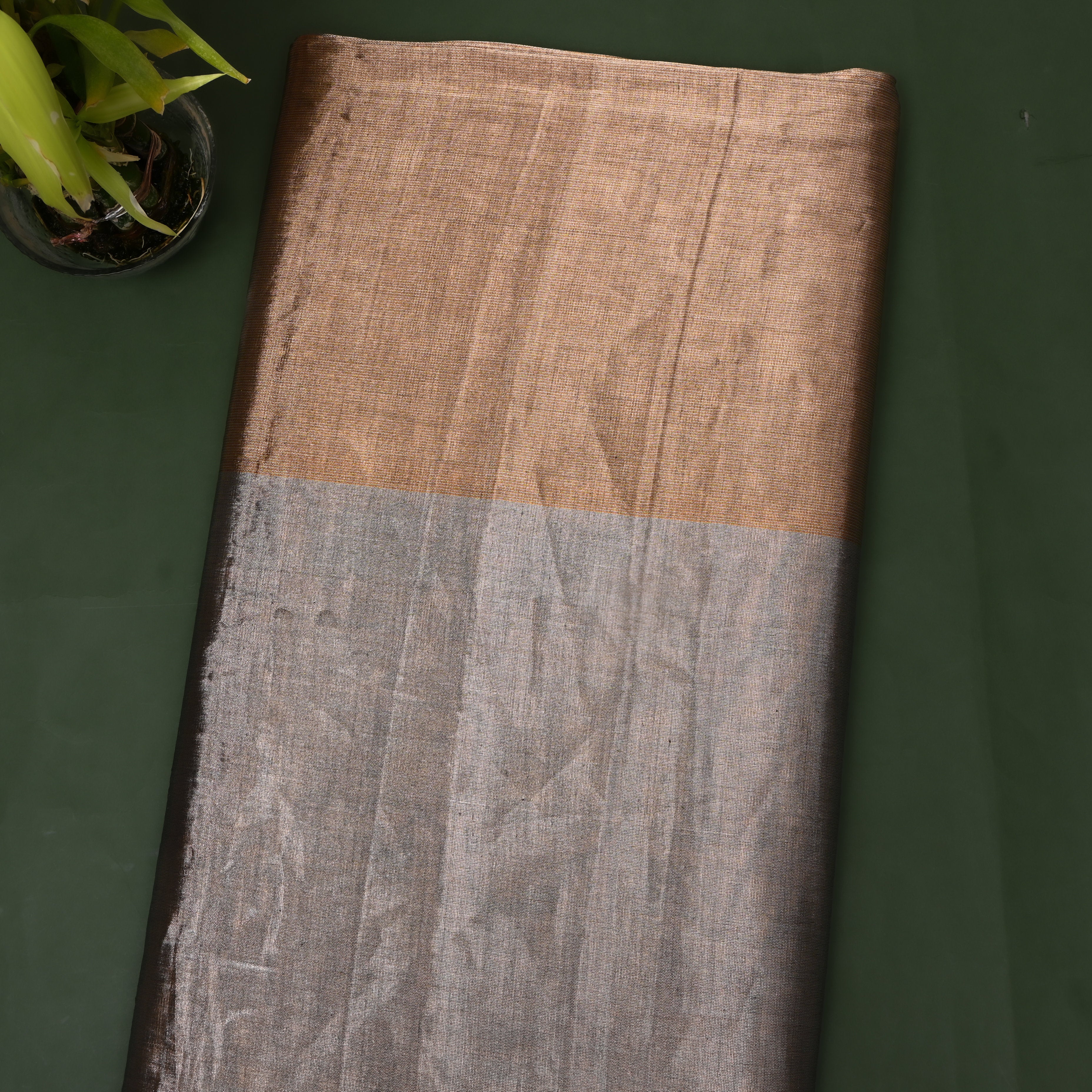 Metallic Grey, Brown And Rust Copper Tone Kanchi Tissue Fabric