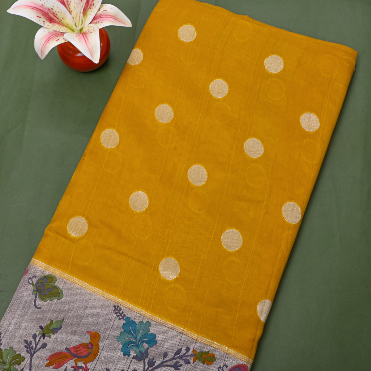 Yellow Silver Zari Butti Jamawar Silk Fabric