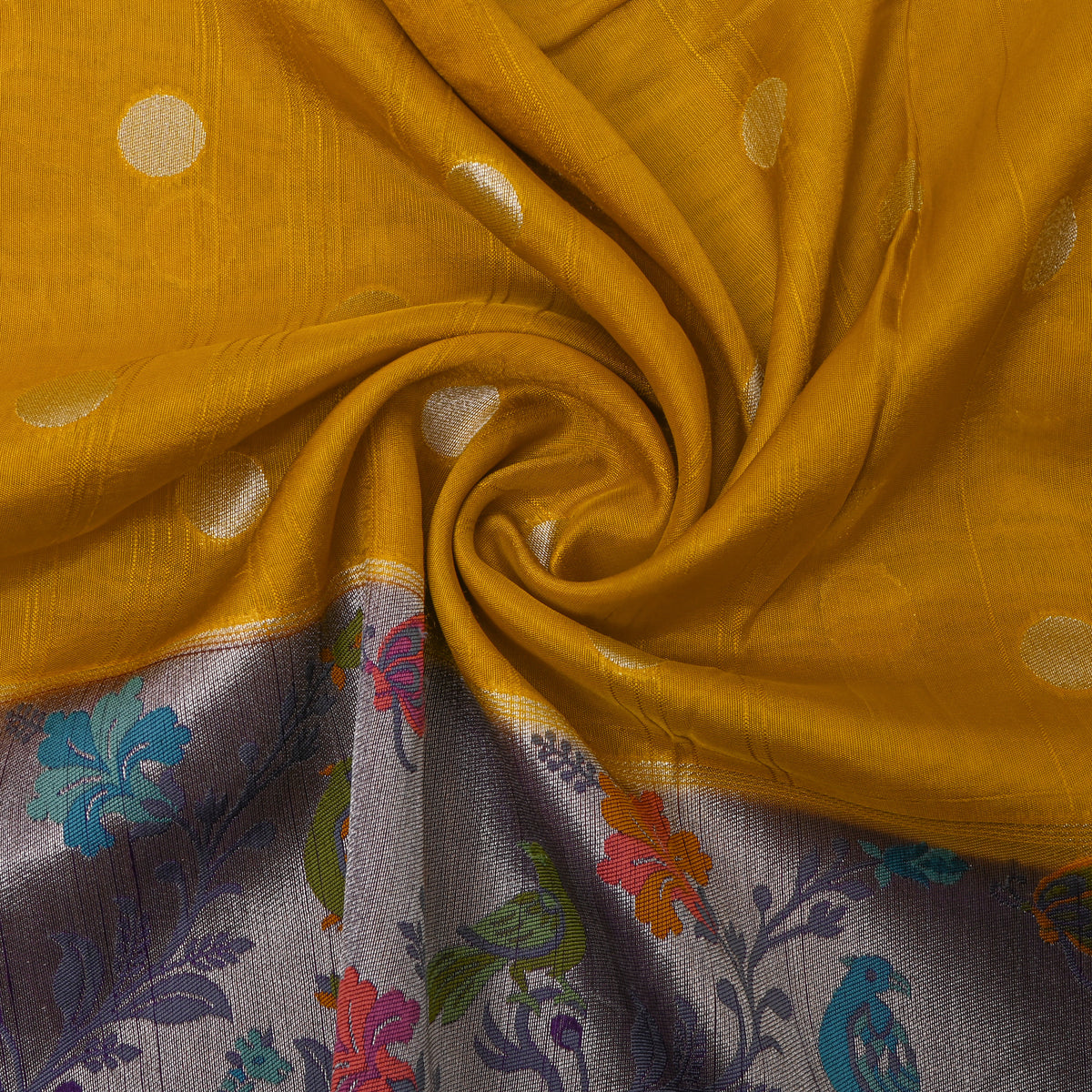Yellow Silver Zari Butti Jamawar Silk Fabric