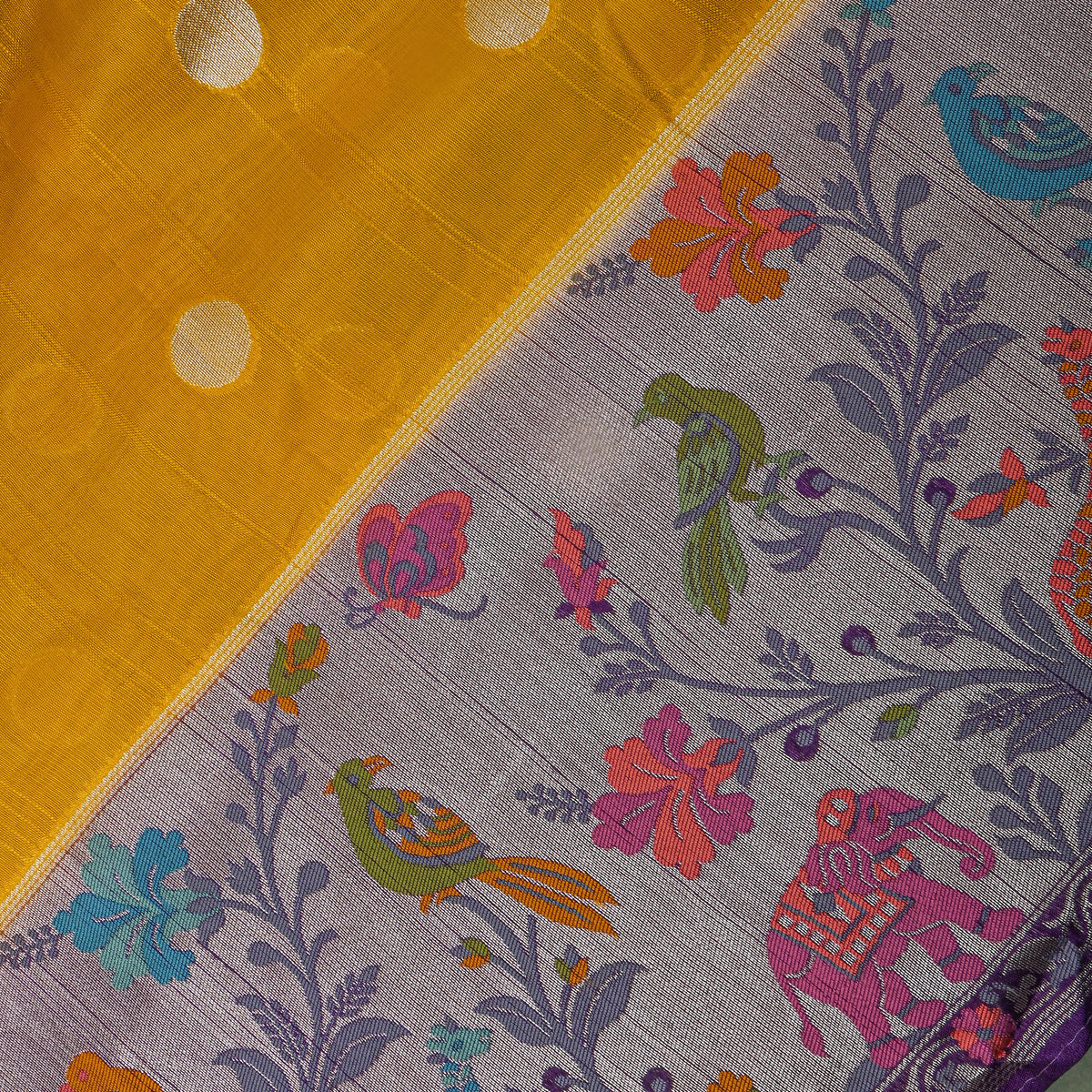 Yellow Silver Zari Butti Jamawar Silk Fabric