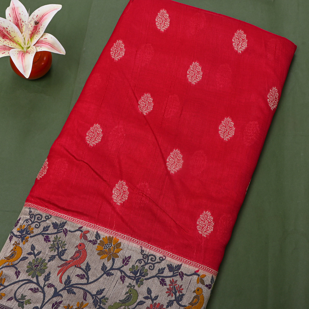 Red Silver Butti Jamawar Silk Fabric