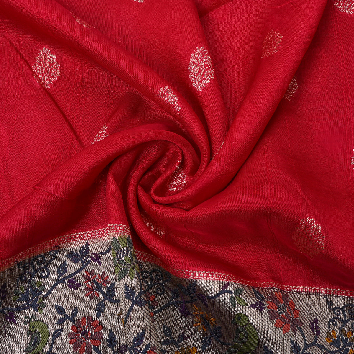 Red Silver Butti Jamawar Silk Fabric