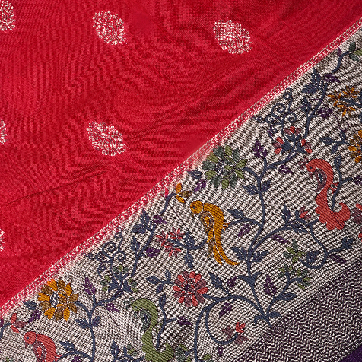 Red Silver Butti Jamawar Silk Fabric