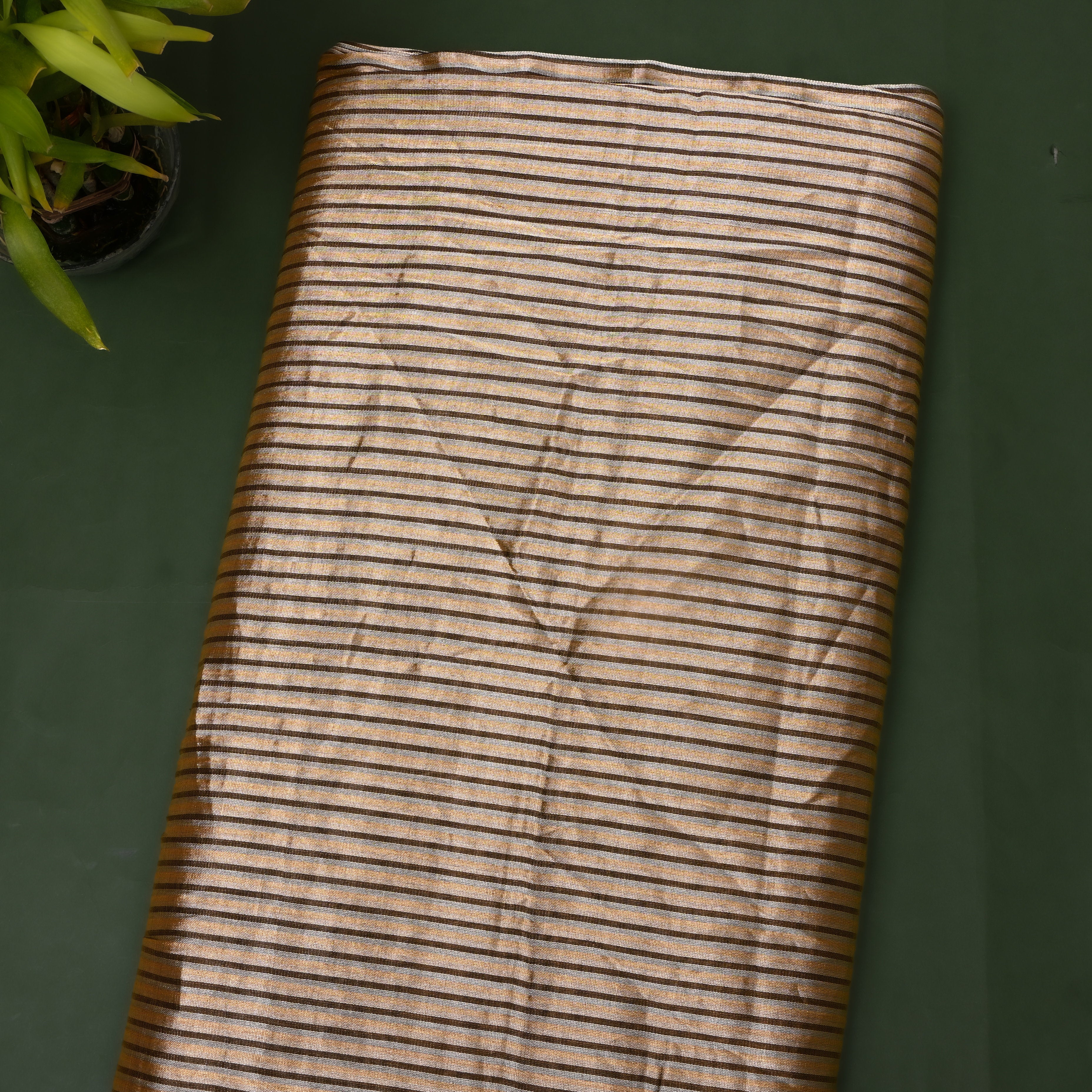 Premium Golden Kanchi Tissue Fabric With Elegant Striped Weave