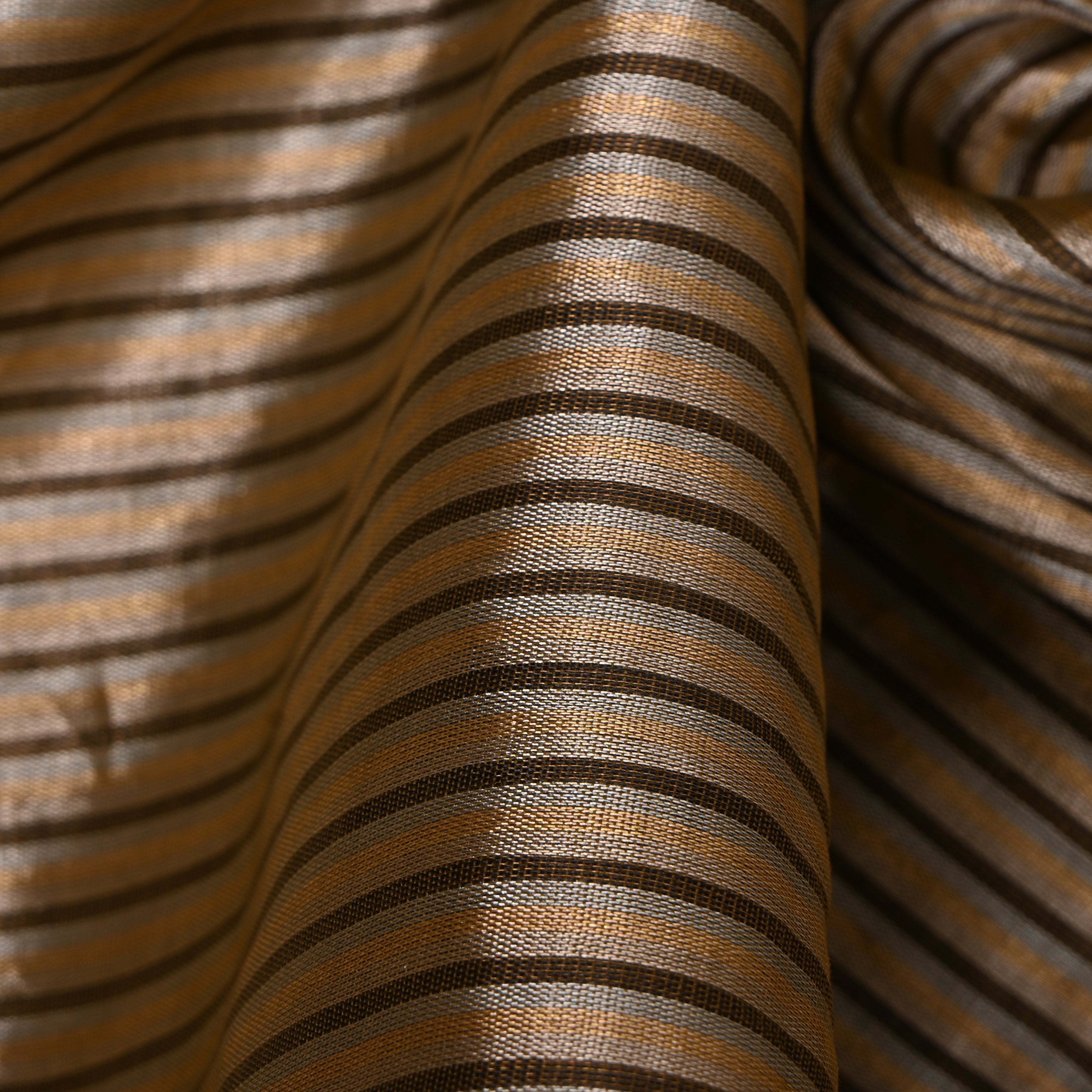 Premium Golden Kanchi Tissue Fabric With Elegant Striped Weave