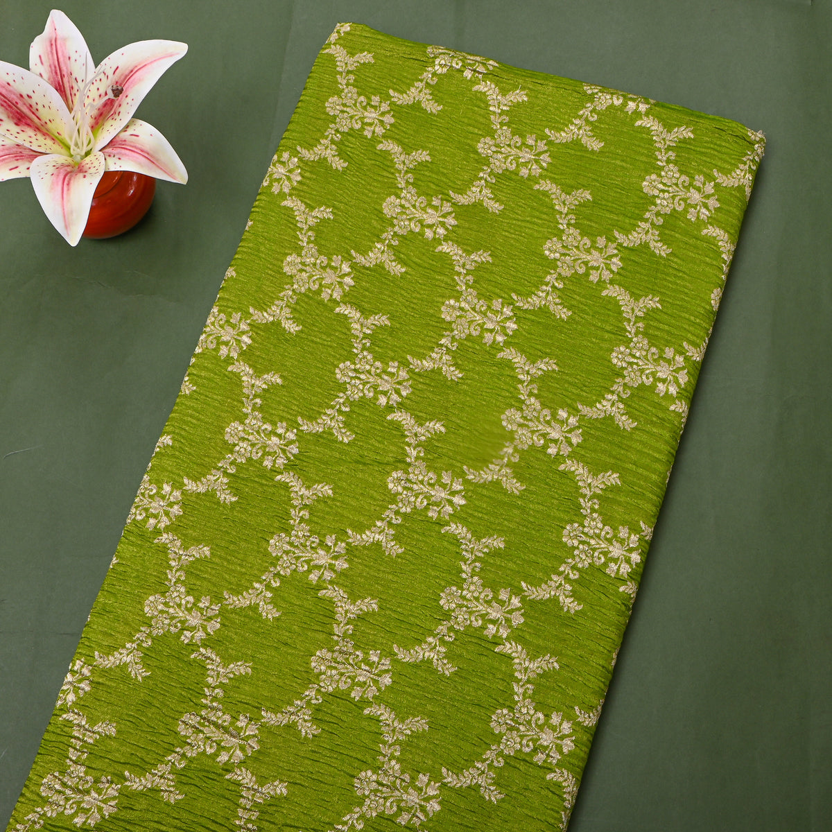 Pistachio Zari Weave Trellis Butti Jamawar Tissue Fabric