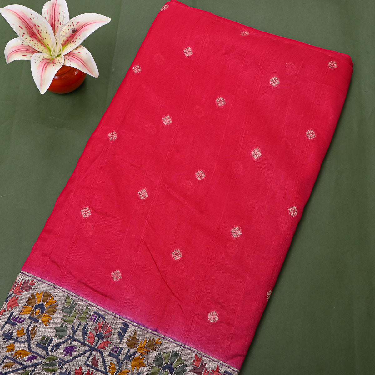 Red Silver Zari Butti Jamawar Silk Fabric