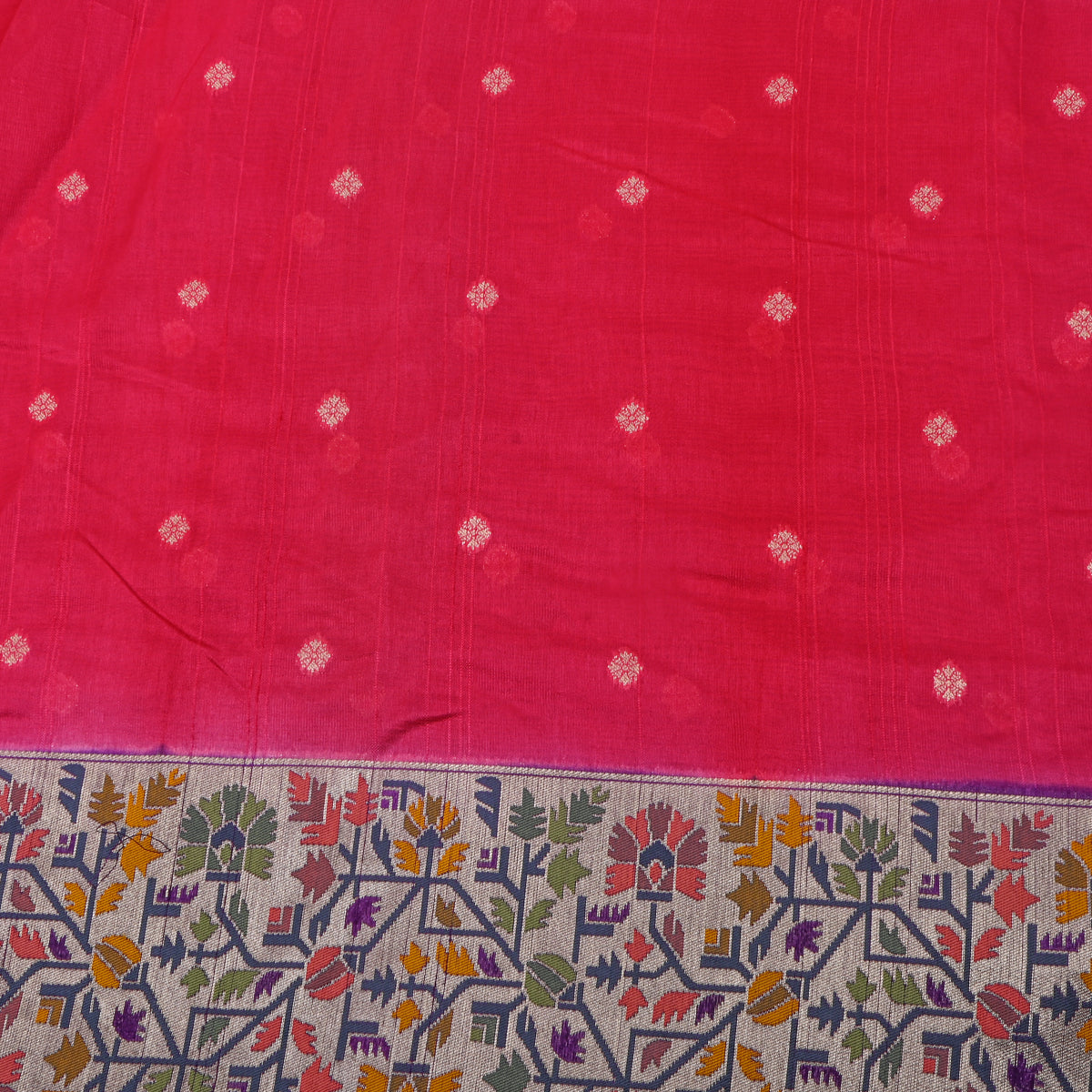 Red Silver Zari Butti Jamawar Silk Fabric