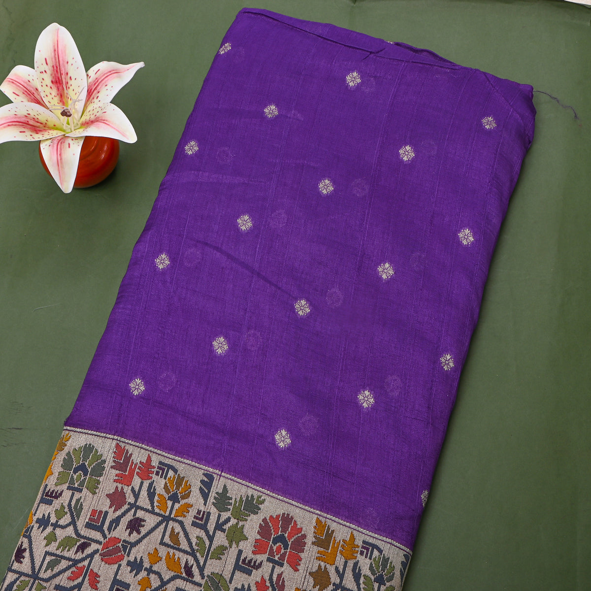 Violet Silver Zari Butti Jamawar Silk Fabric