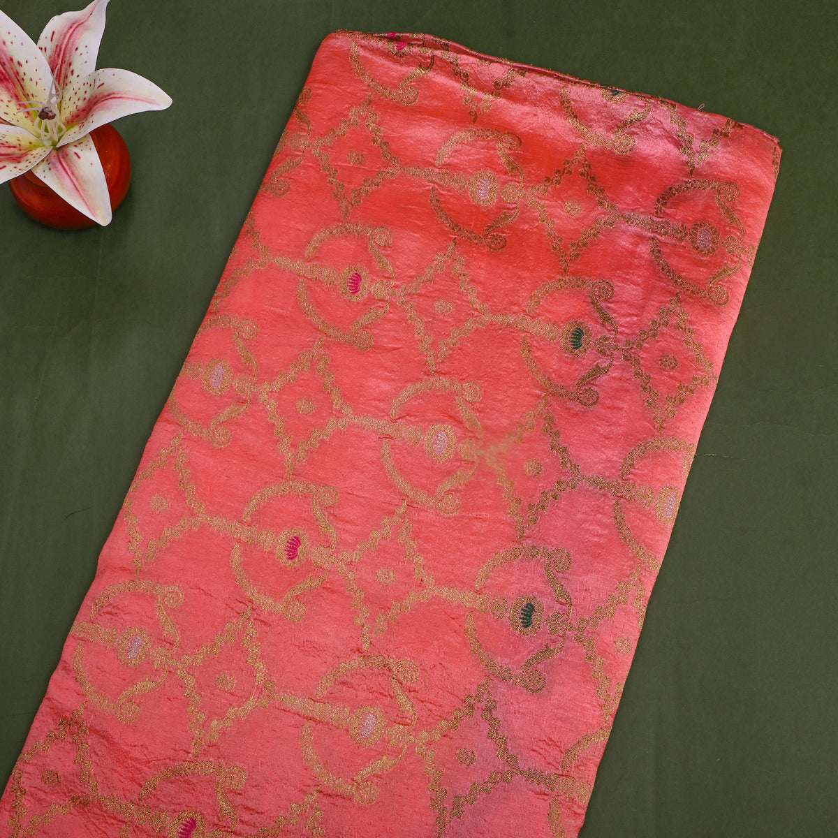 Coral Orange Gold Zari Self Weave Banarasi Silk Fabric