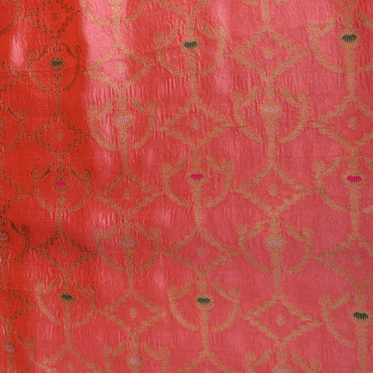 Coral Orange Gold Zari Self Weave Banarasi Silk Fabric