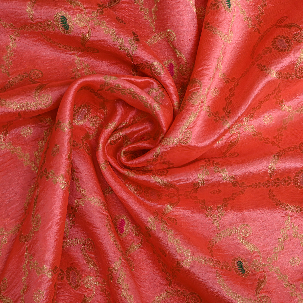 Coral Orange Gold Zari Self Weave Banarasi Silk Fabric