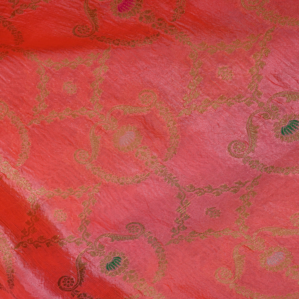 Coral Orange Gold Zari Self Weave Banarasi Silk Fabric