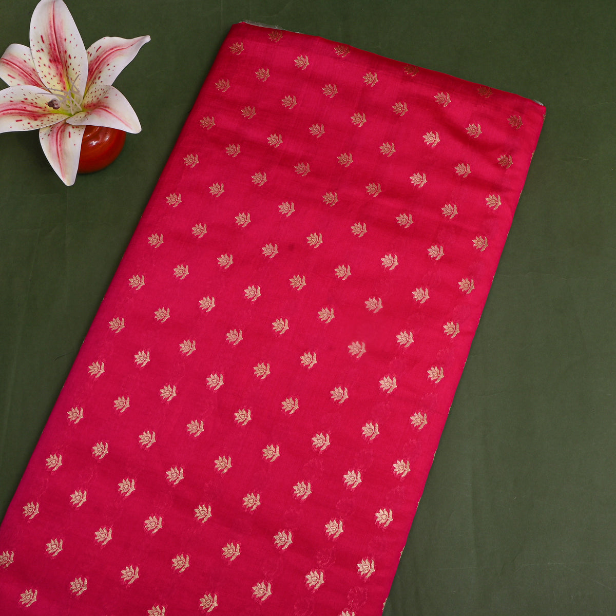 Berry Magenta Gold Zari Floral Butti Banarasi Silk Fabric