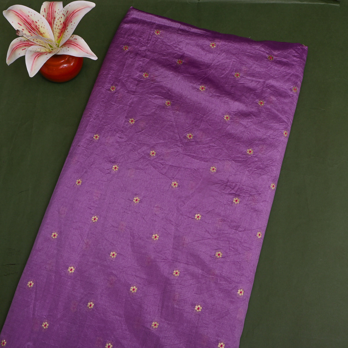Soft Purple Gold Zari Floral Butti Banarasi Silk Fabric