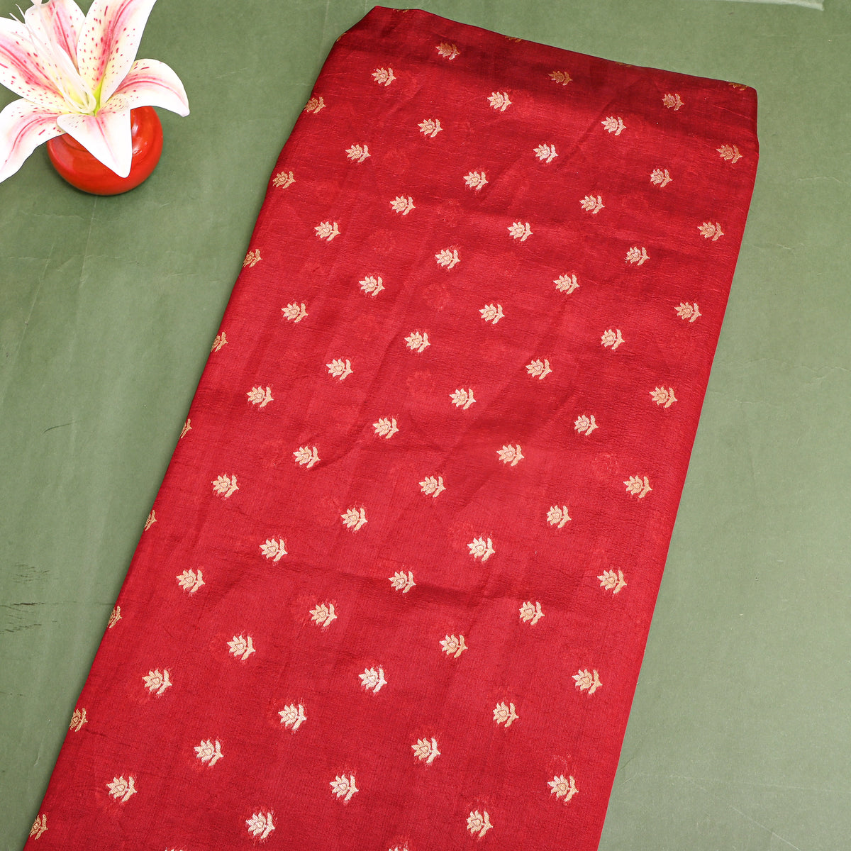 Chilli Red Gold Zari Floral Butti Banarasi Silk Fabric