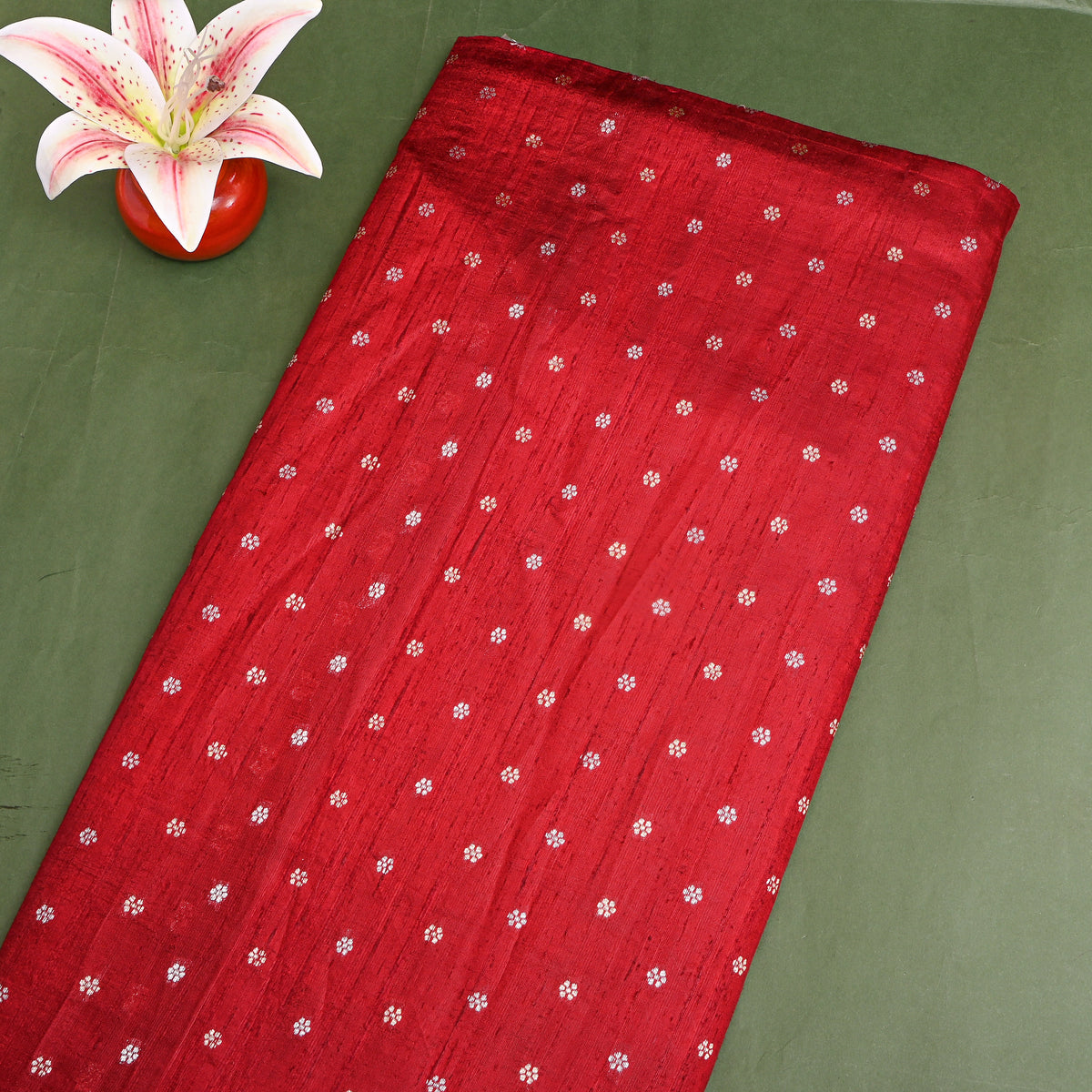 Crimson Silver Zari Floral Butti Jamawar Silk Fabric