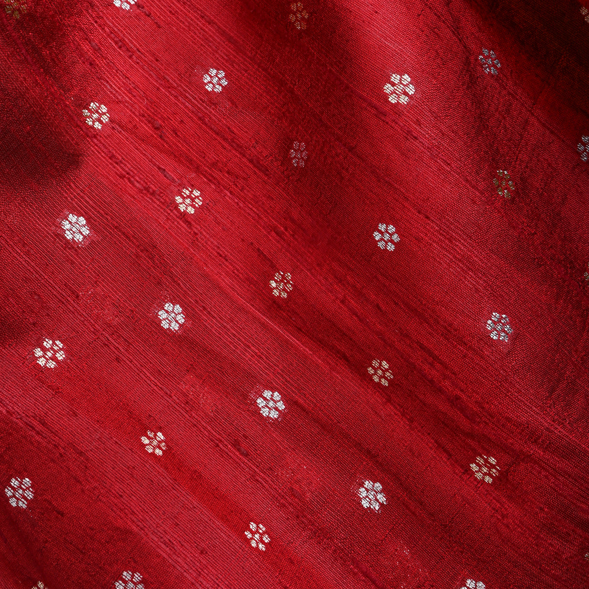 Crimson Silver Zari Floral Butti Jamawar Silk Fabric