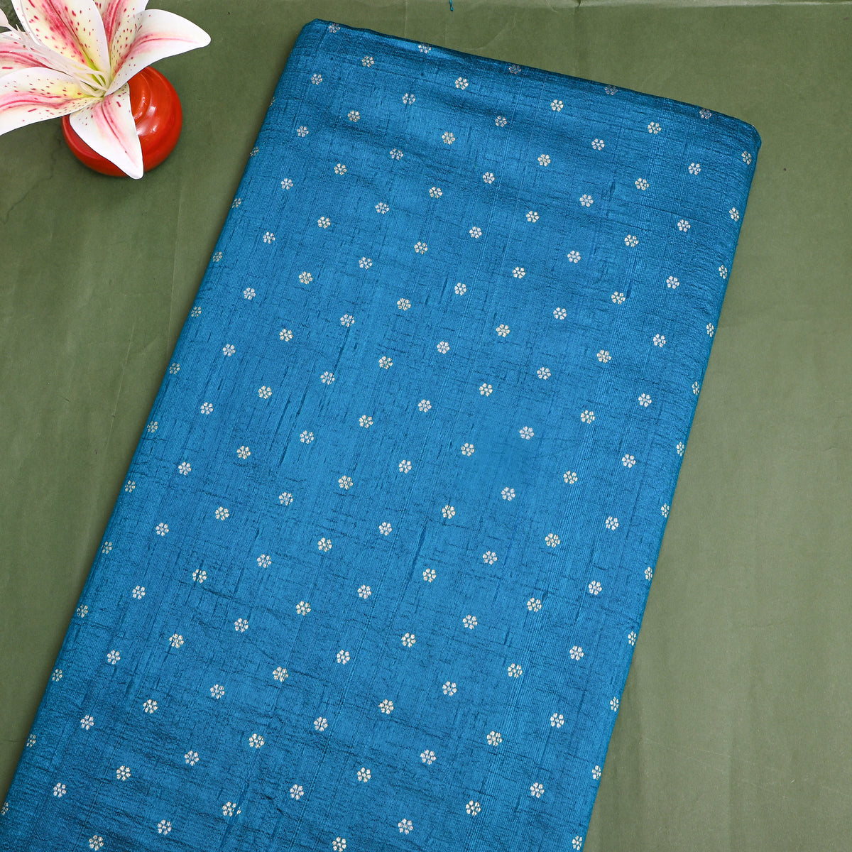 Ocean Blue Silver Zari Floral Butti Jamawar Silk Fabric
