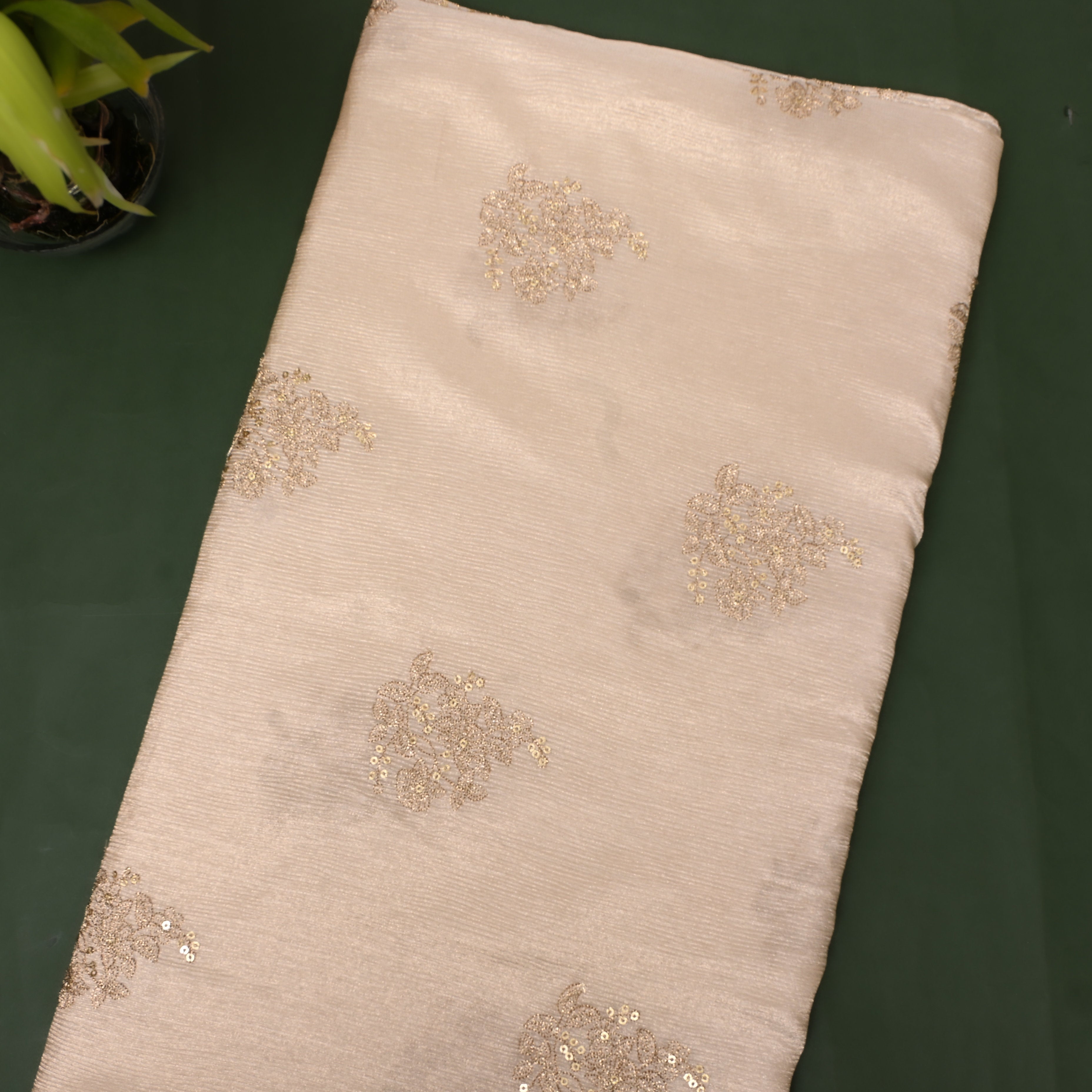 Ivory Pink Gold Floral Cluster Sequin Embroidery Tissue Fabric