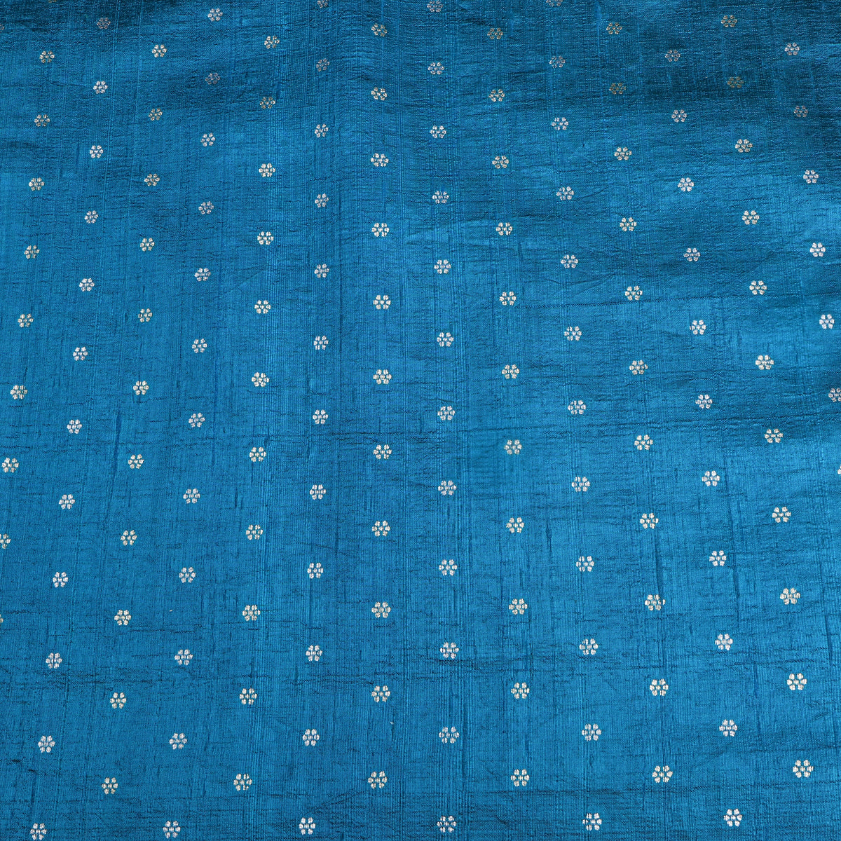 Ocean Blue Silver Zari Floral Butti Jamawar Silk Fabric