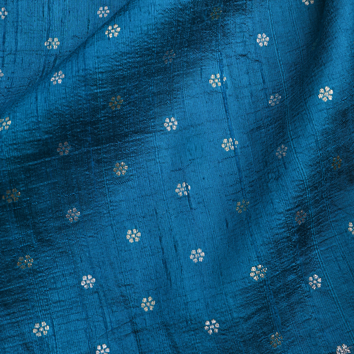 Ocean Blue Silver Zari Floral Butti Jamawar Silk Fabric