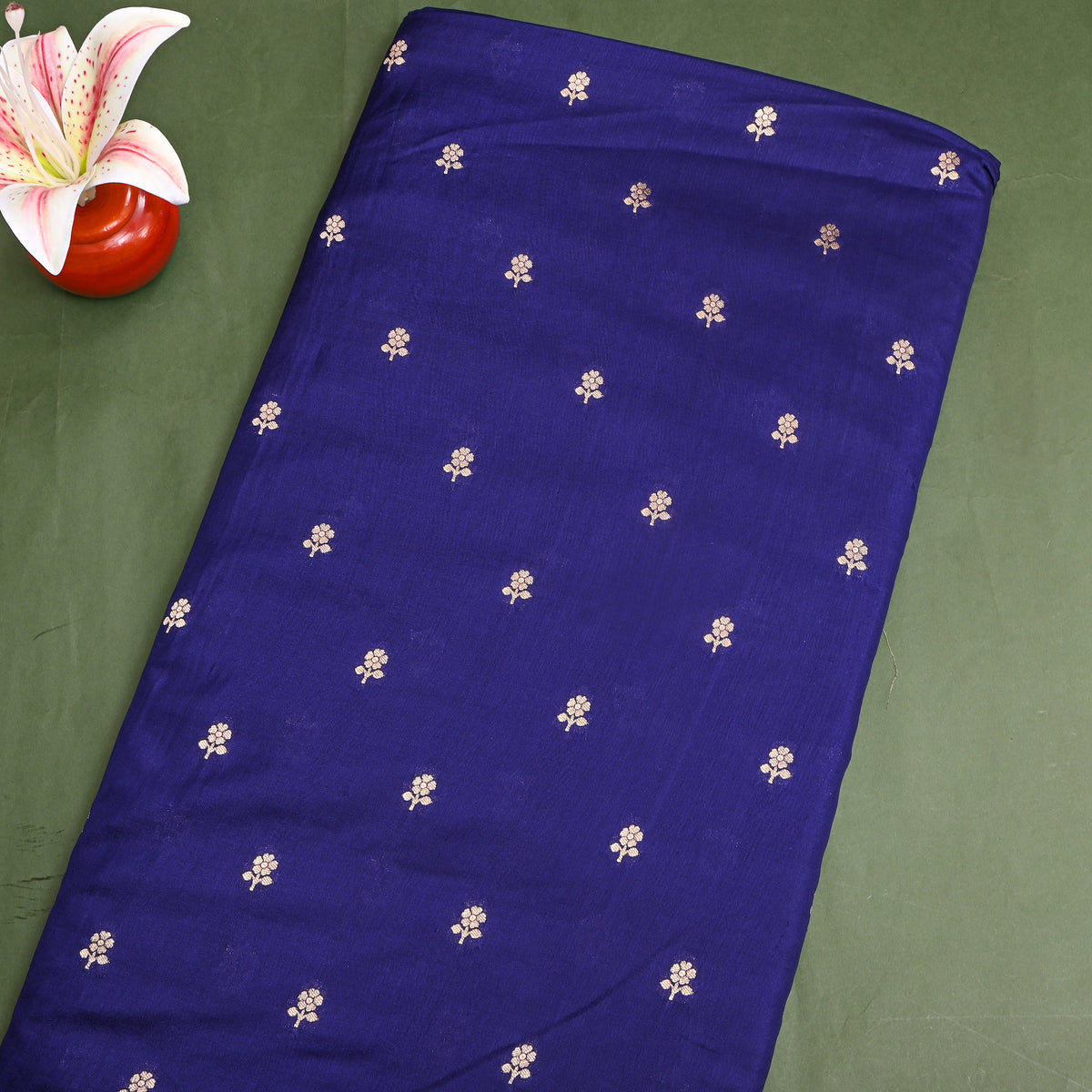 Ink Blue Gold Zari Floral Butti Jamawar Silk Fabric