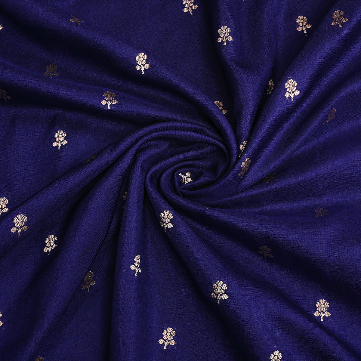 Ink Blue Gold Zari Floral Butti Jamawar Silk Fabric