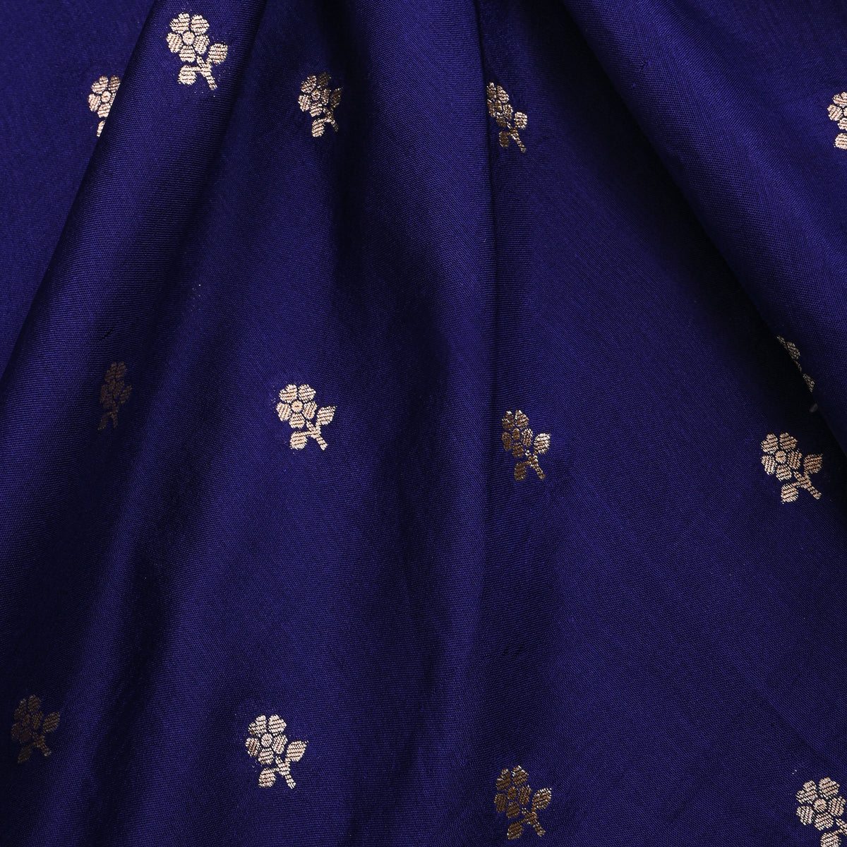 Ink Blue Gold Zari Floral Butti Jamawar Silk Fabric