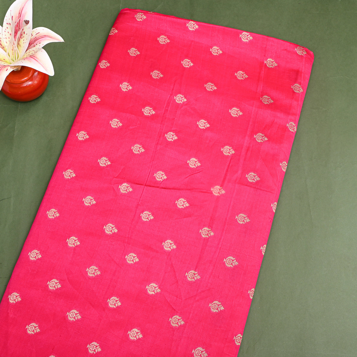 Carnation Pink Gold Zari Vase Butti Banarasi Silk Fabric