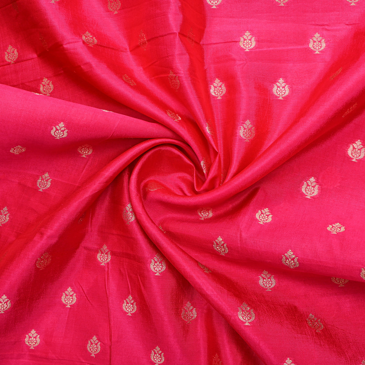 Carnation Pink Gold Zari Vase Butti Banarasi Silk Fabric