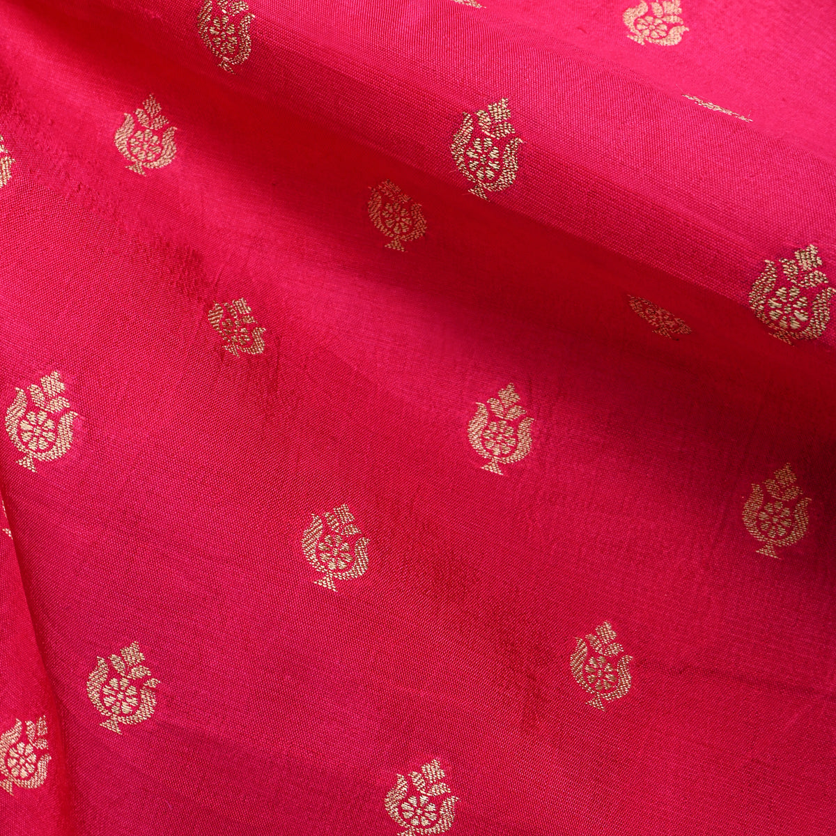 Carnation Pink Gold Zari Vase Butti Banarasi Silk Fabric