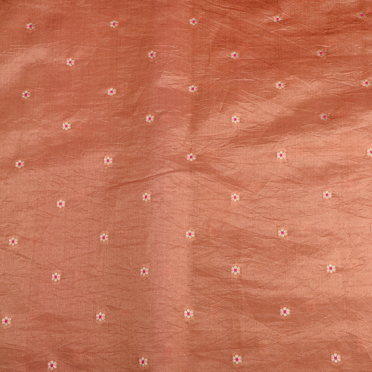 Tangerian Orange Gold Zari Floral Butti Banarasi Silk Fabric