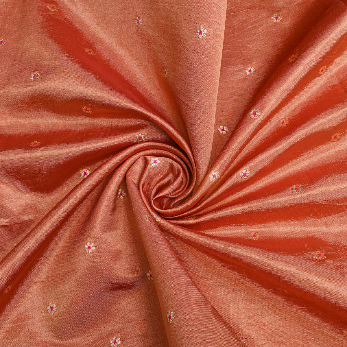 Tangerian Orange Gold Zari Floral Butti Banarasi Silk Fabric
