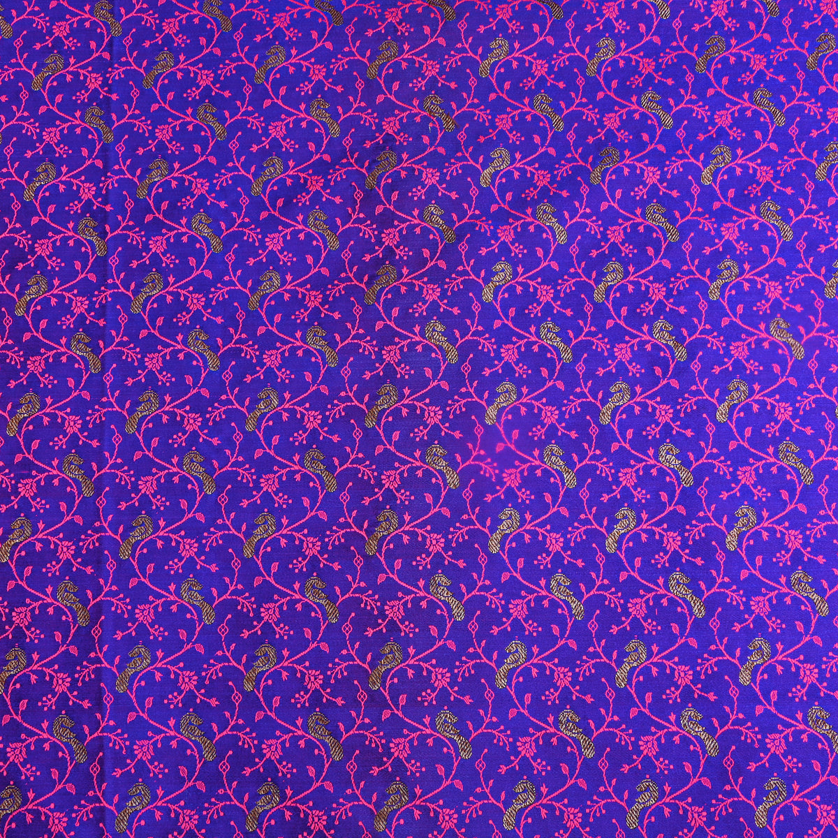 Bright Purple Gold Zari Geometric Jaal Banarasi Silk Fabric