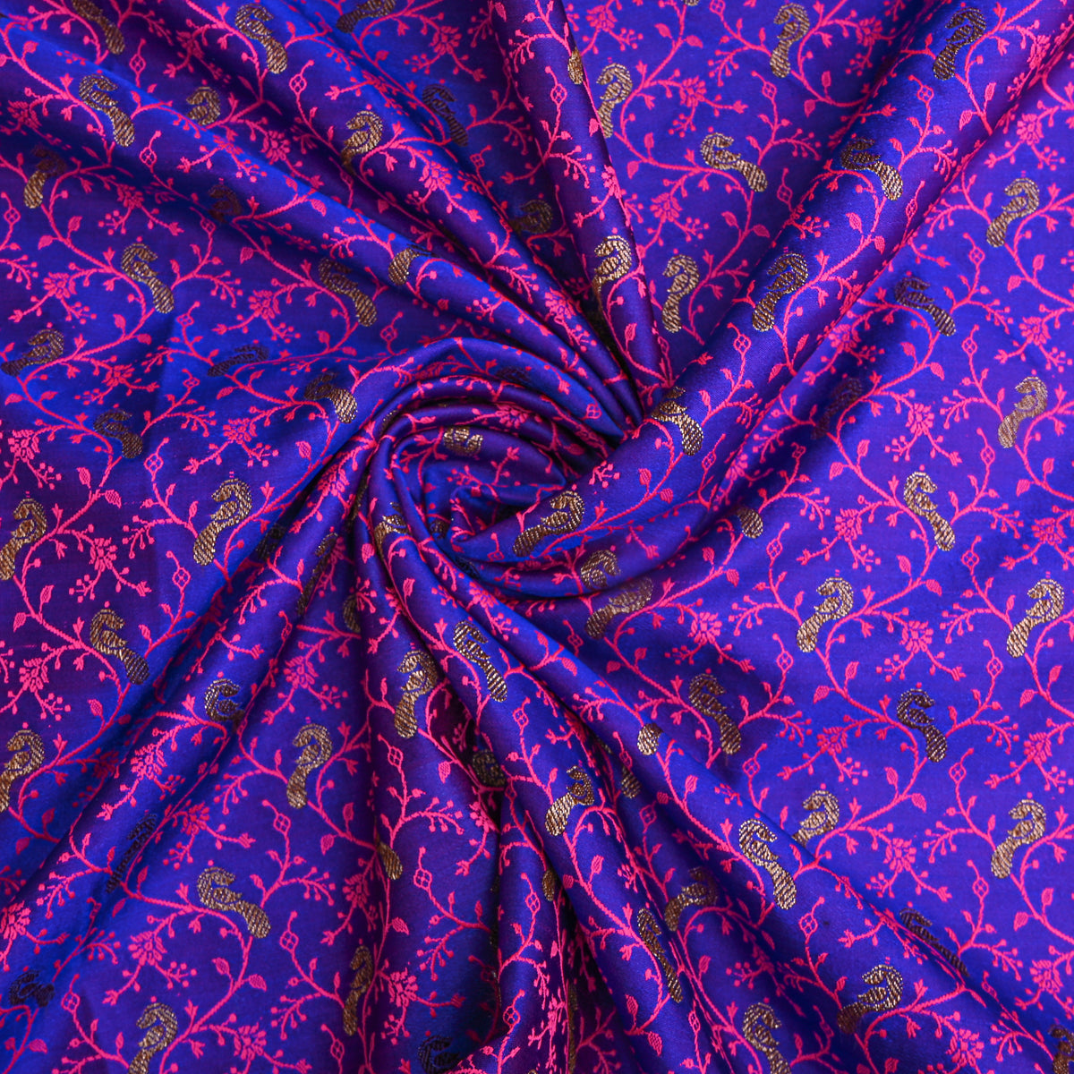 Bright Purple Gold Zari Geometric Jaal Banarasi Silk Fabric