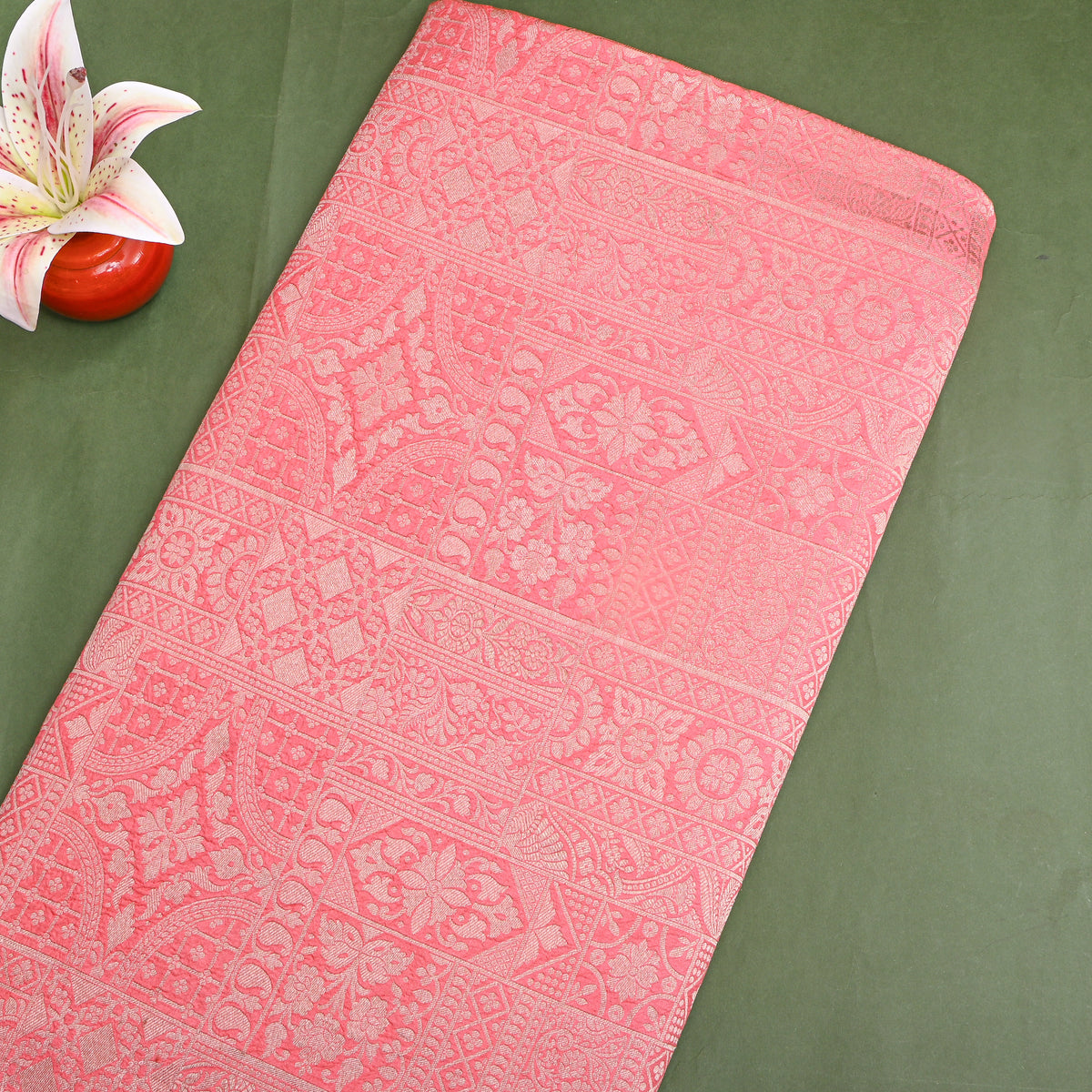 Blush Pink Jamawar Silk With Silver Panel Weave