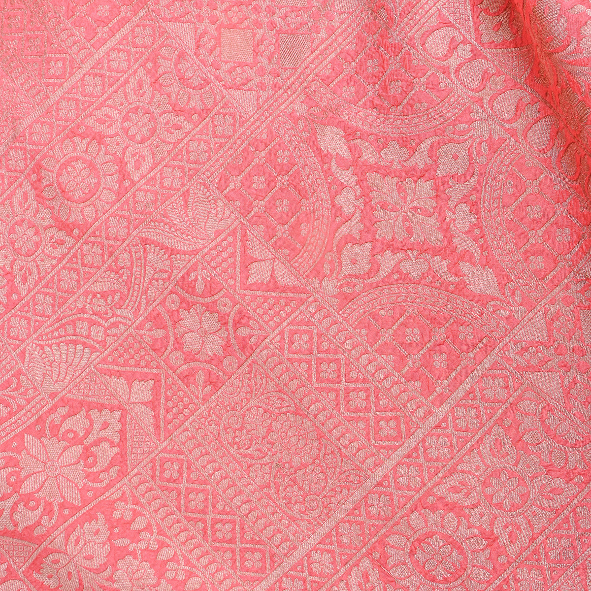 Blush Pink Jamawar Silk With Silver Panel Weave