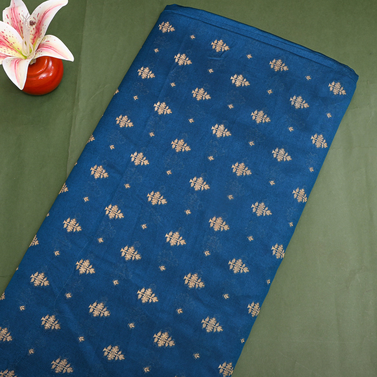 Navy Blue Gold Zari Butti Jamawar Silk Fabric