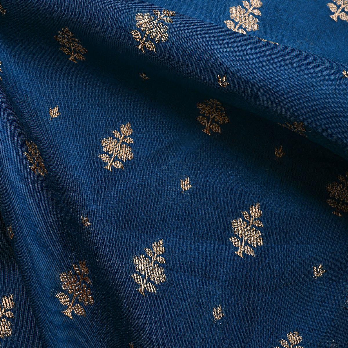 Navy Blue Gold Zari Butti Jamawar Silk Fabric